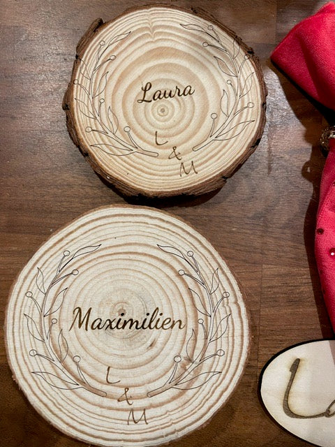 Dessous de verre personnalisés, rondins de bois gravés, 10cm